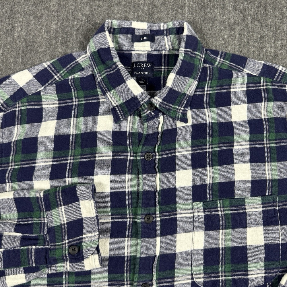 J Crew Flannel Shirt Mens Large Slim Fit Navy Green Plaid Cotton Button Up - Picture 1 of 8